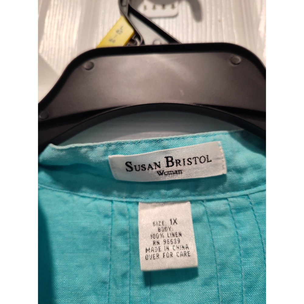 Susan Bristol 100% Linen Aqua 3/4 Sleeve Button Neck Shirt Sz‎ 1X Cool Light - Picture 3 of 6